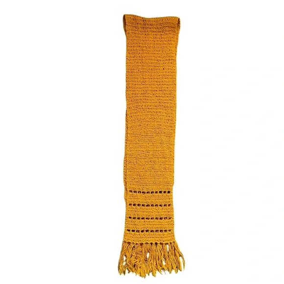 Vintage Pat Crowley Hand Crocheted 100% Wool Fringe Scarf Mustard Yellow Ireland